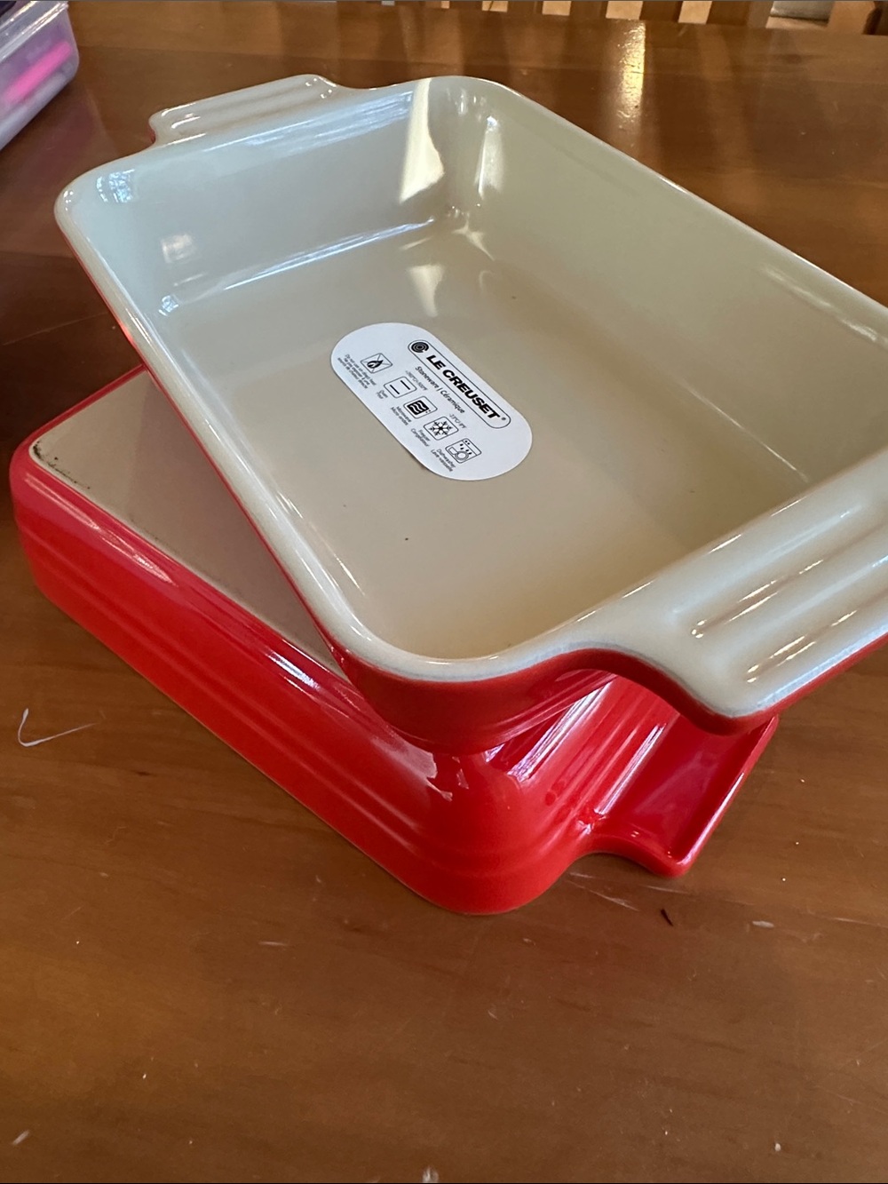 2 Le Creuset Red Exterior with Cream Interior Rectangular Baking Dish Set
